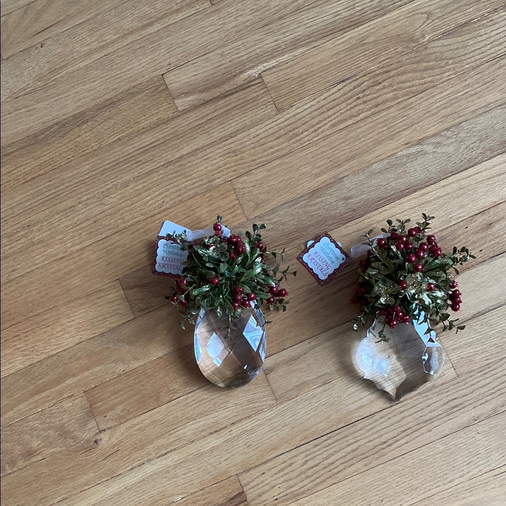 Crystal Kissing Ornaments with Red Berries and Greenery set of 2